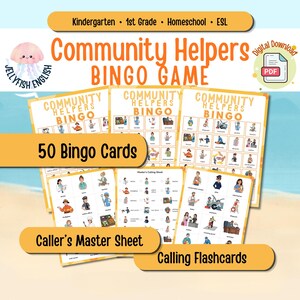 May include: A set of educational materials for a Community Helpers Bingo Game. The image shows bingo cards, a caller's master sheet, and calling flashcards. The text includes "Community Helpers Bingo Game", "50 Bingo Cards", and "Digital Download PDF".