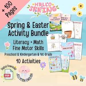 以下が含まれることがあります： 未就学児と1年生向けの春とイースターのアクティビティのデジタルダウンロードバンドル。バンドルには、読み書き、算数、細かい運動能力の活動が含まれています。画像には「Hello Spring」と「Spring & Easter Activity Bundle」というテキストが表示されています。