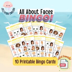 Könnte beinhalten: Ein Satz von zehn druckbaren "All About Faces Bingo" Karten. Jede Karte zeigt Illustrationen von Gesichtszügen wie Augen, Nasen und Frisuren. Der Titel "All About Faces Bingo" wird in großen, farbenfrohen Buchstaben angezeigt.