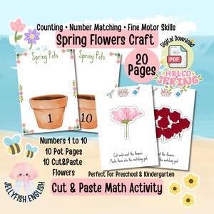 Spring Flower Counting Craft for Preschool | Flower Pot Counting Activity | Cut and Paste Math | Kindergarten Math Center | Easter Math 1-10