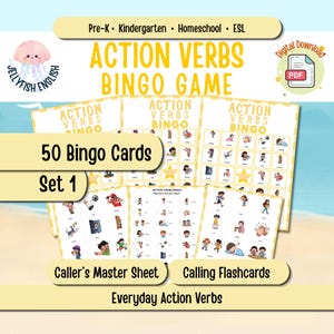Action Verbs Set 1 Bingo Game Printable for Vocabulary Practice Pre-K to Kindergarten