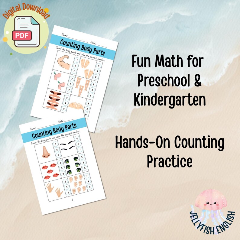 Body Math Color Sheets Matching Body Parts Counting Worksheet: Kindergarten Math Activity (PDF ...