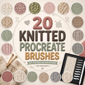 May include: An image displaying 20 knitted Procreate brushes with cosy textures for artwork. The design features various circular swatches of knitted patterns in shades of pink, green, and beige, along with a tablet displaying the brushes.