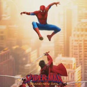 Könnte beinhalten: Ein Poster mit Spider-Man in einem rot-blauen Anzug, der durch die Luft springt, über einer Figur in roter Kleidung, die ein Schwert hält. Der Text Spider-Man Grand New Day ist in großen blauen und roten Buchstaben vor einer Stadtkulisse gedruckt.