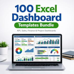 以下が含まれることがあります： Excelダッシュボードテンプレートを表示するラップトップ。画面には、財務データを含むさまざまなグラフが表示されています。画面のテキストは「100 Excel Dashboard Templates Bundle」です。