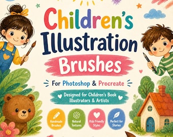 Children’s Illustration Brushes for Photoshop & Procreate | 70+ Handmade Kids Style Brushes, Textures  Stamps Characters  Cute Artwork