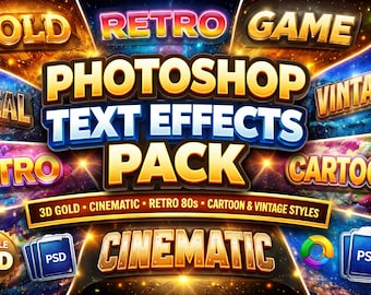 Photoshop Text Effects Pack – 3D Gold, Cinematic, Retro Styles (PSD)