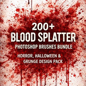 Puede incluir: Un paquete de diseño digital con una estética grunge. La imagen presenta un diseño de salpicaduras de sangre con el texto "200+ BLOOD SPLATTER PHOTOSHOP BRUSHES BUNDLE HORROR, HALLOWEEN & GRUNGE DESIGN PACK" en blanco sobre un fondo rojo y blanco.