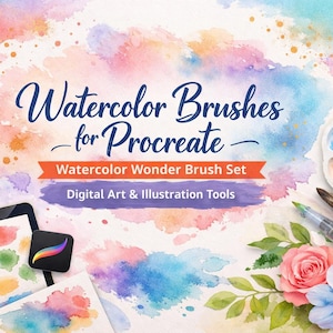 Può includere: Immagine che promuove pennelli ad acquerello digitali per Procreate. Il design presenta campioni di pittura ad acquerello, pennelli, una tavolozza e il testo "Watercolor Brushes for Procreate" e "Watercolor Wonder Brush Set". La tavolozza dei colori include blu, rosa e arancione.