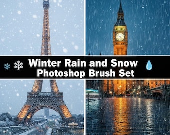 Winter Rain and Snow Photoshop Brush Set | Realistic Effects | Snowflake Brushes | Atmospheric Raindrop Design