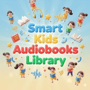 May include: A vibrant illustration promoting "Smart Kids Audiobooks Library." The image features cartoon children reading books and wearing headphones, surrounded by stars, sound waves, and open books. The title text is in blue, yellow, red, and green.