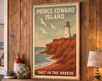 Affiche de voyage de l'Île-du-Prince-Édouard, art mural côtier vintage, illustration du phare de l'Î.-P.-É., téléchargement numérique