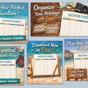 Può includere: Una collezione di modelli di pianificatore di vacanze con vari sfondi, tra cui scene di spiaggia e texture di legno. Ogni pianificatore presenta un layout a griglia per la pianificazione e il testo "Vacation Planner".