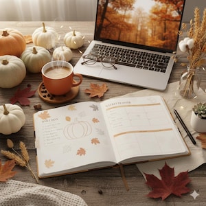 Può includere: Un ambiente di lavoro a tema autunnale con zucche, un laptop e un'agenda. Una tazza fumante di caffè è appoggiata su un sottobicchiere di legno. L'agenda è aperta su una pagina "Weekly Planner". Foglie autunnali ed elementi decorativi completano la scena.
