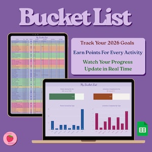 May include: A digital bucket list displayed on a tablet and laptop, with charts and graphs tracking progress. Text reads "Bucket List" and "Track Your 2026 Goals, Earn Points For Every Activity, Watch Your Progress, Update in Real Time."
