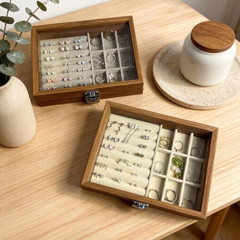 K&ouml;nnte beinhalten: Zwei Schmuckk&auml;stchen aus Holz mit Glasdeckeln, gef&uuml;llt mit Ohrringen und Ringen. Die K&auml;stchen sind braun mit hellbeigem Innenraum. Ein wei&szlig;er Keramiktopf mit Holzdeckel steht auf einem runden, beigen Teller.
