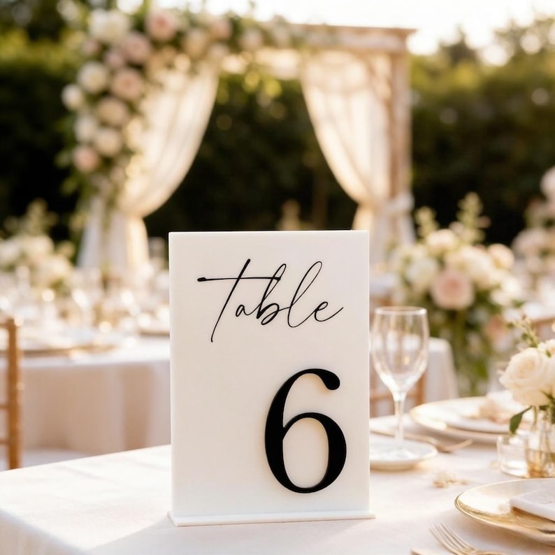 May include: A rectangular white acrylic table number sign featuring the word Table in black cursive script above the large black numeral 6. The sign stands upright on a white tablecloth, displaying a smooth, opaque surface with clean edges.