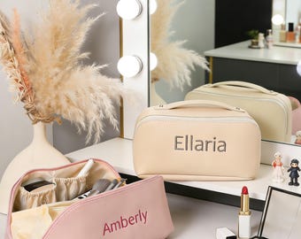 Custom Embroidered Makeup Bag,Personalized Leather MakeupBag,Wedding Bridesmaids Gift,Travel Toiletry Bag