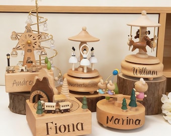 Personalized Musical Wooden Ballerina Carousel Keepsake,Engraved Name Musical Box,Keepsake Gift for Kids, Newborn Gifts