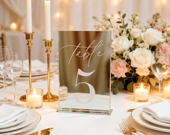 Gold Mirror Acrylic Table Numbers – Wedding Table Signs, Elegant Reception Decor, Gold Mirror Party & Event Table Numbers