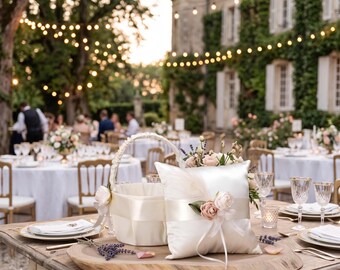 Ivory Satin Wedding Ring Pillow and Flower Girl Basket, Elegant Bow Bridal Accessories, Ring Bearer Pillow and Ceremony Decor