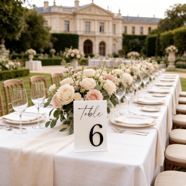 May include: A white acrylic table number sign with the text Table 6 in black script and bold font, placed on a long dining table set with white linens, clear wine glasses, white plates, and a centerpiece of white and blush roses.