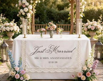 Personalized Wedding Tablecloth with Lace Trim, Custom Name Table Cover, Sweetheart Head Table Decor, Rustic Linen