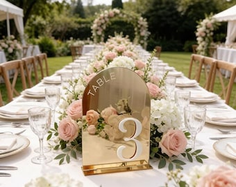 Arch Golden Mirror Acrylic Table Numbers, Elegant Wedding Reception Signs, Modern Centerpiece Decor, Number Set with Stand