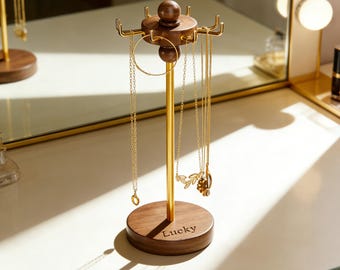 Soporte giratorio de madera personalizado para collares – Organizador de joyas personalizado, regalo para mamá, perfecto para mujeres, expositor giratorio de 360 grados.