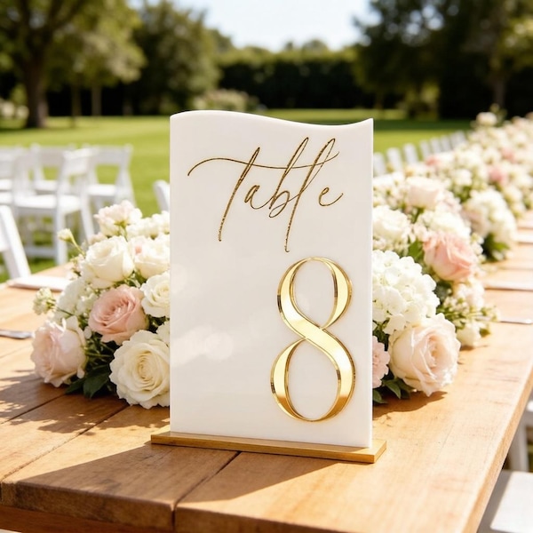Números de mesa de acrílico para bodas: decoración moderna para mesas de recepción con soportes, señalización para mesas de boda.