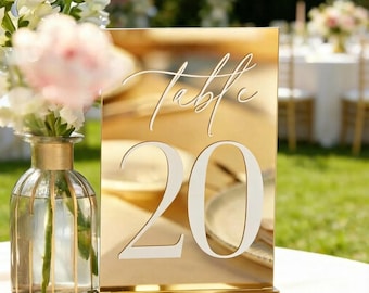 Acrylic Wedding Table Numbers – Modern Table Decor for Reception, Event Centerpiece with Gold Mirror & Stand
