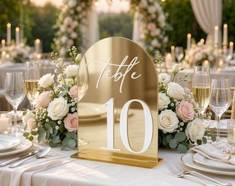 Wedding Reception Table Numbers, Chic Gold Arch Acrylic Sign Set with Stands, Elegant Banquet Dining Table Decor, Event Signage