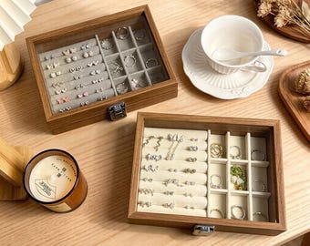 Vintage Wooden Jewelry Box – Earring and Ring Storage Box, Velvet Lined, Mother's Day Gift, Jewelry Organizer for Women