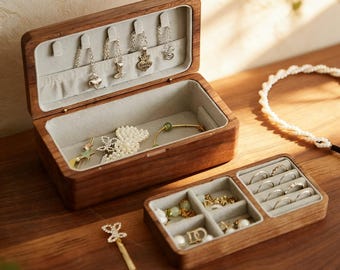 Personalized wooden jewelry box,Custom Two Layers Wood Jewelry Box,Walnut Jewelry Box,Velvet Lined