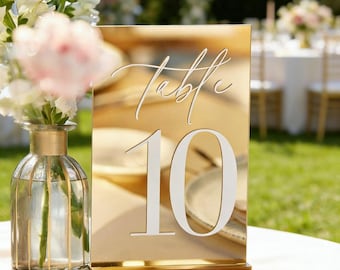 Acrylic Wedding Table Numbers – Modern Table Decor for Reception, Event Centerpiece with Gold Mirror & Stand