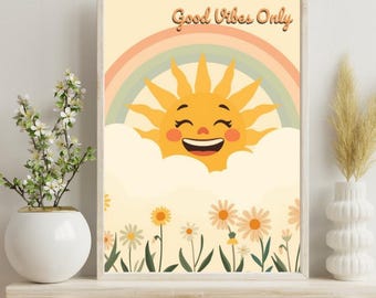 Stampa retrò con sole: margherite arcobaleno boho - Decorazione per cameretta anni '70 (download digitale)
