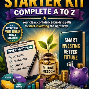 May include: An investment starter kit graphic featuring the text INVESTMENT STARTER KIT COMPLETE A TO Z. Includes a clipboard with an investment plan, a glass jar of coins labeled FUTURE FREEDOM with a plant, a pie chart, a book, and a purple piggy bank.