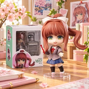 Pode incluir: Uma figura de anime estilo chibi com longos cabelos castanhos em um rabo de cavalo, vestindo um blazer cinza, camisa branca com fita vermelha e saia plissada azul. A figura segura uma caneta vermelha e está sobre uma base circular transparente.