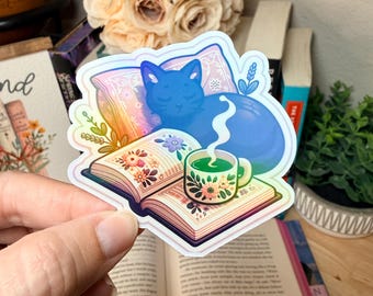 Cozy Cat & Book Holographic Sticker | Whimsical Reader Vinyl Decal