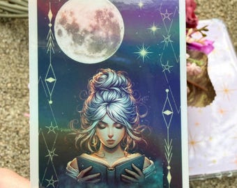 Moon Reader Holographic Sticker • Fantasy Book Lover Sticker • Celestial Witchy Bookish Decal