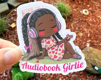 Pegatina de chica de audiolibro • Pegatina de amante de los libros • Pegatina de auriculares lindos • Pegatina de vinilo de libros