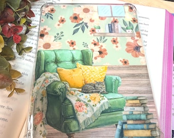 Cozy Reading Nook Kindle Insert | Green Armchair & Cat