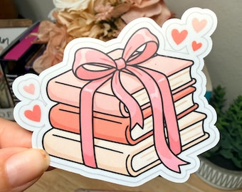 Book Stack Valentine Sticker | Pink Ribbon, Hearts | Waterproof Vinyl