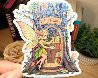 Fairy Reads Holographic Sticker • Magical Tree Library Decal