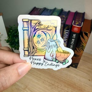 Pegatina de Hechizos y Finales Felices / Calcomanía Literaria de Brujería / Regalo de Halloween para Lectores / Amante de los Libros de Fantasía