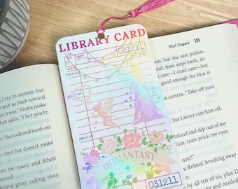 Romantasy Fairy Holographic Library Card Bookmark with Pink Tassel | Floral Fantasy Book Lover Gift