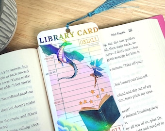 Dragon & Fairy Holographic Library Card Bookmark with Tassel | Fantasy Book Lover Gift