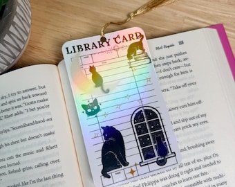 Black Cat Holographic Library Card Bookmark with Gold Tassel | Cozy Witchy Book Lover Gift
