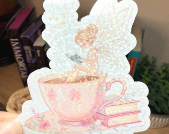 Fairy in a Teacup Holographic Sticker | Fantasy Bookish Sticker