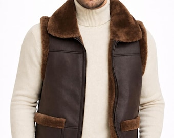 Men’s Brown Shearling Leather Vest | Genuine Leather | Winter Warm Fur Lined Vest